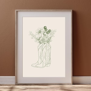 Coastal Cowgirl Poster, Digital Print, Trendy Sage Green Cowboy Floral Boots, Southern Room Decor, Green Printable Poster, Cowgirl Decor