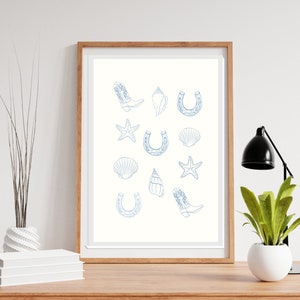 Light Blue Coastal Cowgirl Print, Digital Print, Preppy Western Print, Cowboy Boots Horseshoe Art, Trendy Wall Art, Western Cowgirl