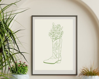 Cowgirl Boot Printable Art, Western Boho Wall Art, Green Neutral Cowgirl Wall Art, Trendy Wildflowers, Digital Download