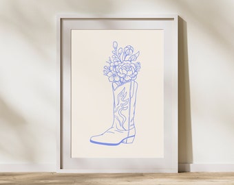 Cowgirl Boot Printable Art Poster, Blue Cowgirl Wall Art, Trendy Wildflowers, Boho Wall Decor, Cowgirl Poster