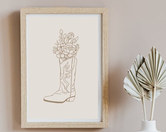 Beige Tan Coastal Cowgirl Print, Digital Print, Western Floral Cowgirl Boot Art, Southern Wall Art, Boho Digital Download, Cowgirl Boot