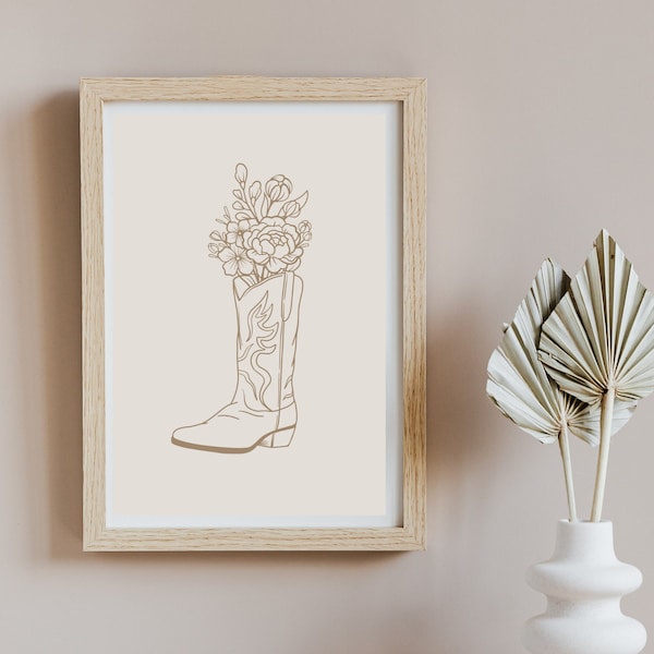 Cowgirl Boot Printable Art Poster, Tan Cowgirl Wall Art, Trendy Wildflowers, Boho Wall Decor, Cowgirl Poster, Coastal Cowgirl
