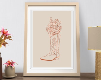 Cowgirl Boot Printable Art Poster, Dark Orange Cowgirl Wall Art, Trendy Wildflowers, Boho Wall Decor, Cowgirl Poster
