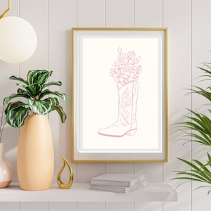 Pink Cowboy Boots Print, Digital Print, Beachy Pink Floral Wall Art, Preppy Coastal Decor, Soft Pink Cowgirl Decor, Girly Trendy Wall Art