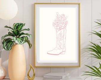 Cowgirl Boot Printable Art, Western Boho Wall Art, Mauve Pink Neutral Cowgirl Wall Art, Boho Wall Decor, Trendy Wildflowers