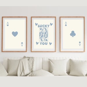 Trendy Retro Wall Art Set of 3, Digital Download Printable, Blue Ace Card Poster, Lucky You Poster, Poster Playing Card Queen Heart