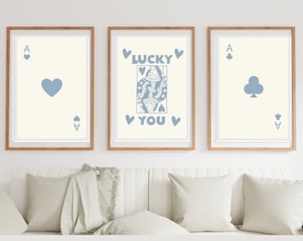 Trendy Retro Wall Art Set of 3, Digital Download Printable, Blue Ace Card Poster, Lucky You Poster, Poster Playing Card Queen Heart