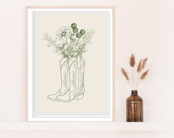 Coastal Cowgirl Poster, Digital Print, Trendy Sage Green Cowboy Floral Boots, Southern Room Decor, Green Printable Poster, Cowgirl Decor