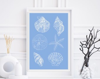 Coastal Light Blue Seashell Wall Art, Beach House Decor, Coastal Cowgirl Art, Trendy Surf Poster, Digital Download