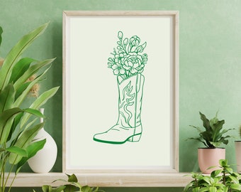 Cowgirl Boot Printable Art Poster, Dark Green Cowgirl Wall Art, Trendy Wildflowers, Boho Wall Decor, Cowgirl Poster