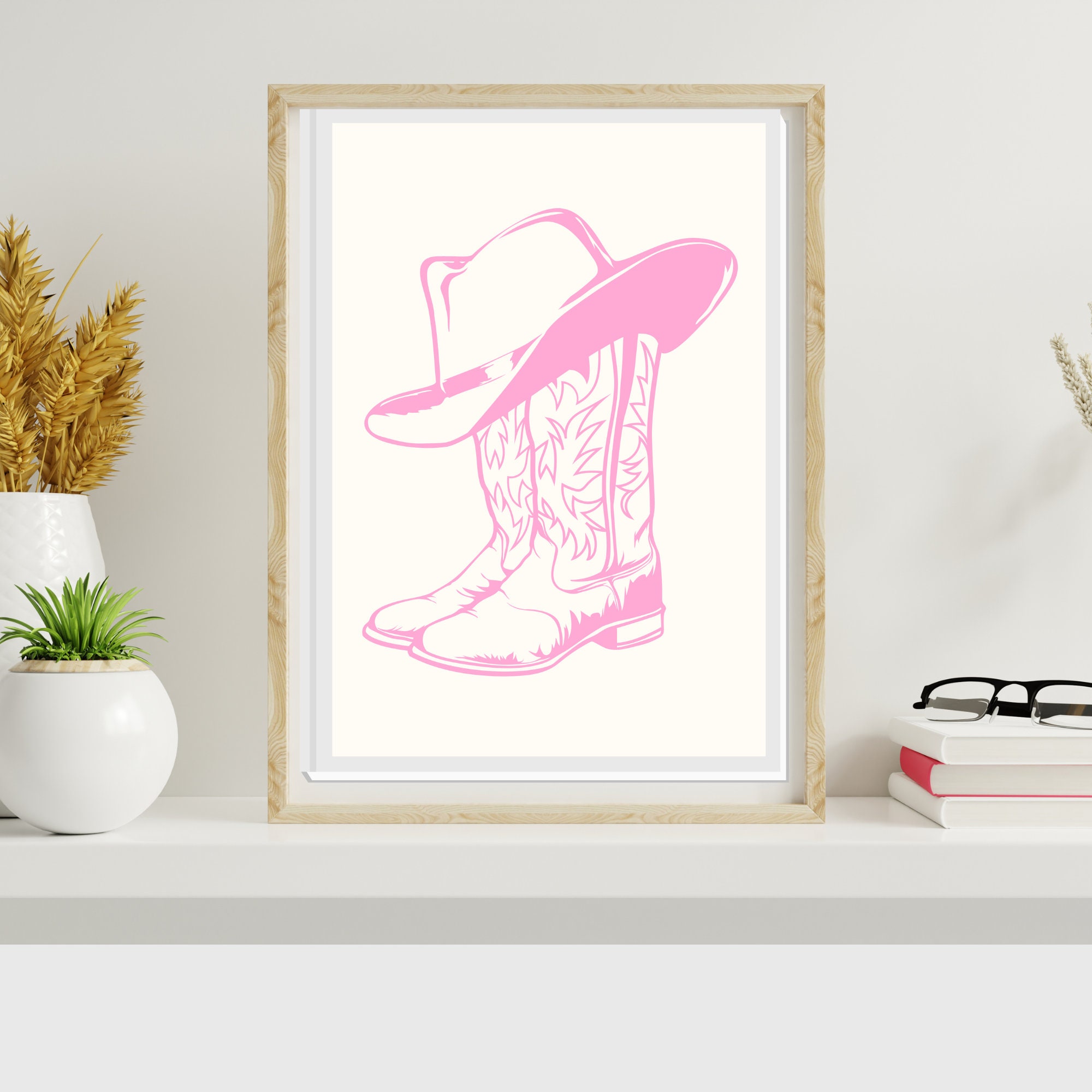 Cowgirl Boot Hat Printable Art, Pink Cowgirl Wall Art, Boho Wall Decor,  Western Illustration 