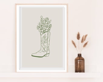 Cowgirl Boot Printable Art Poster, Sage Green Cowgirl Wall Art, Trendy Wildflowers, Boho Wall Decor, Cowgirl Poster
