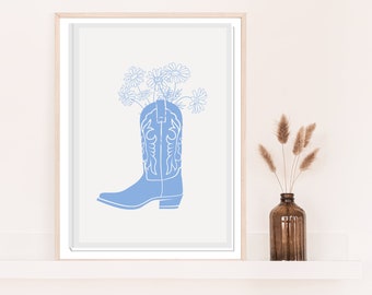 Cowgirl Boot Printable Art Poster, Blue Floral Boots Art Print, Western Art Print, Cowgirl Decor, Coastal Cowboy Boots Illustration 