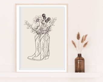 Cowgirl Boot Printable Art Poster, Black Floral Boots Art Print, Western Art Print, Cowgirl Decor, Black Cowboy Boots Illustration 