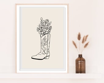 Cowgirl Boot Printable Art Poster, Black Cowgirl Wall Art, Trendy Wildflowers, Boho Wall Decor, Cowgirl Poster