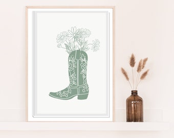 Cowgirl Boot Printable Art Poster, Green Floral Boots Art Print, Western Art Print, Cowgirl Decor, Sage Green Cowboy Boots Illustration 