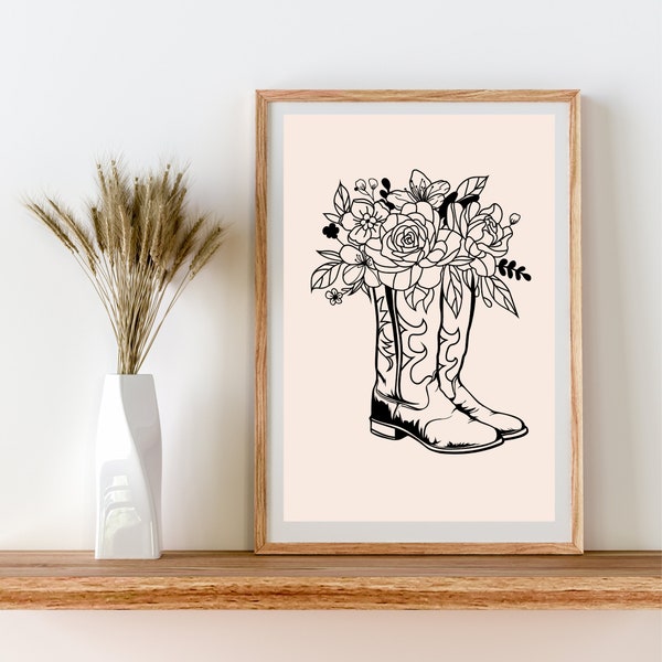 Cowgirl Boot Printable Art, Western Boho Wall Art, Black Neutral Cowgirl Wall Art, Boho Wall Decor, Trendy Wildflowers