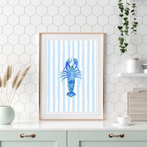 Lobster Print with Blue Stripes, Coastal Kitchen Decor, Beach Print, Digital Print, Blue Poster, Fisherman, Nautical Poster, Aesthetic