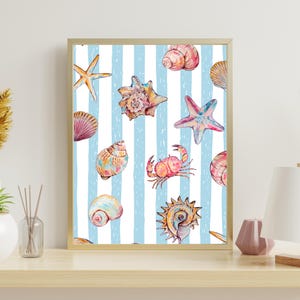 Blue Seashell Wall Art, Blue Stripes Beach House Decor, Printable Wall Art, Beachy Shells Print, Trendy Blue Wall Art