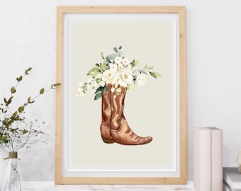 Cowgirl Boot Printable Art Poster, Brown Cowgirl Wall Art, Trendy Floral Bouquet of Wildflowers, Boho Wall Decor