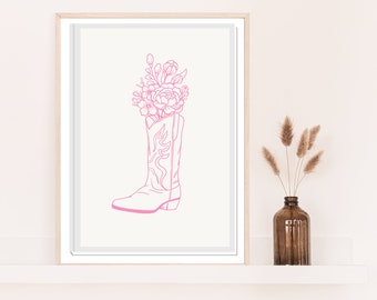 Cowgirl Boot Printable Art Poster, Pink Cowgirl Wall Art, Trendy Wildflowers, Boho Wall Decor, Cowgirl Poster