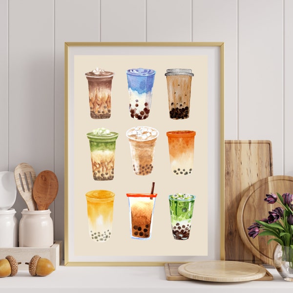 Bubble Tea Art, Digital Print Kitchen Decor, Watercolor Boba Drink Art, Yummy Drinks Decor, Tea Drink Wall Art