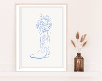 Cowgirl Boot Printable Art Poster, Light Blue Cowgirl Wall Art, Trendy Wildflowers, Boho Wall Decor, Cowgirl Poster
