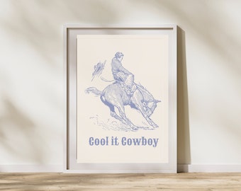 Cowboy Bucking Bronco Line Art Printable Art, Blue Neutral Cowboy Wall Art, Western Illustration, Rodeo Cowboy, Cool it Cowboy