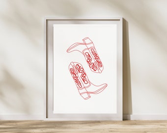 Cowgirl Boot Printable Art Poster, Red Boots Art Print, Western Art Print, Cowgirl Decor, Preppy Cowgirl, Trendy Poster