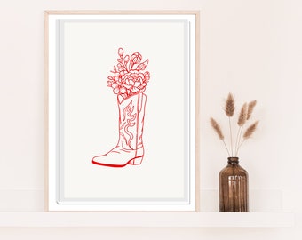 Cowgirl Boot Printable Art Poster, Red Cowgirl Wall Art, Trendy Wildflowers, Boho Wall Decor, Cowgirl Poster