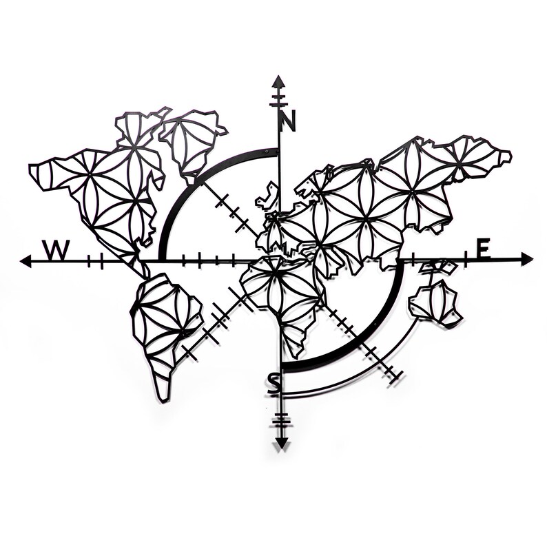 World Map Metal Wall Art With Compass Office Gift Map Metal Etsy