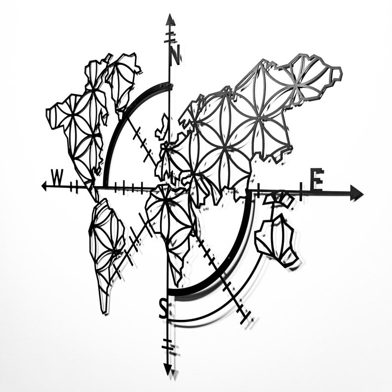 World Map Metal Wall Art With Compass Office Gift Map Metal Etsy