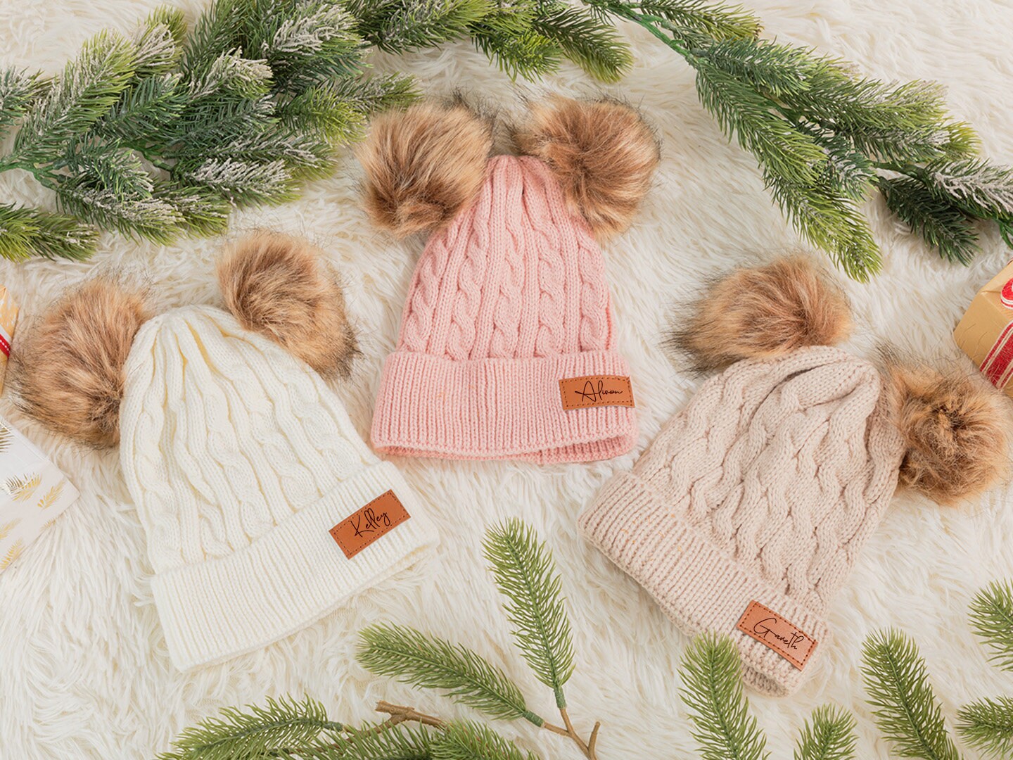 BUBO.YAA Baby Girl Winter Hat Cable Knit Baby Beanie for Infant Toddler Double Faux Fur Pom Pom Beanie with Fleece Lining 