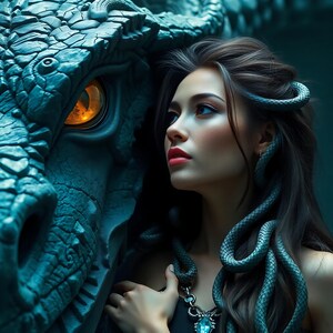 Dragon Queen Digital Art, Fantasy Portrait Download, Mythical Beast Printable, Girl and Dragon Wall Art, Serpent Jewelry Digital, Dark