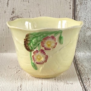 May include: A pale yellow ceramic planter with a scalloped rim. The planter features a floral design with pink and yellow flowers, green leaves, and brown accents. The planter is likely for indoor use.