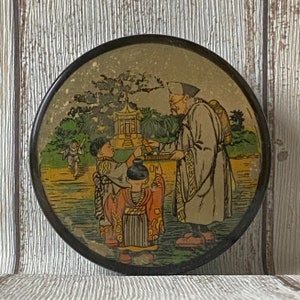 Scatola portacipria compatta in plastica vintage anni '30 con scena di giapponesi