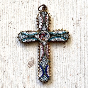 Vintage Italian Micromosaic Crucifix Cross Pendant in Turquoise, White and Pink
