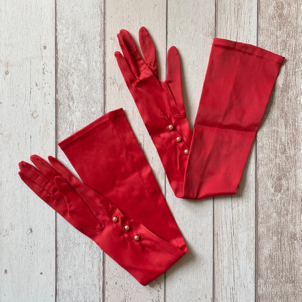 Pair of Vintage 1960s Bright Red  Stretch Fabric Long Evening Prom Opera Gloves by Canat, France