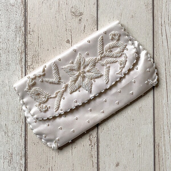 Vintage Ivory Cream Satin and Seed Bead Evening Bag, Clutch Bag, Purse, Bridal, Wedding
