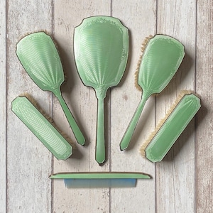 Vintage Art Deco Pale Green Guilloche Enamel Six Piece Vanity Set, Mirror, Brushes and Comb