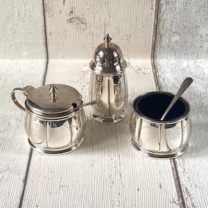 Vintage Silver Plated Condiment Cruet Set with Salt, Pepper and Mustard Pots
