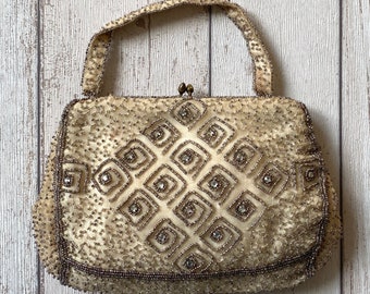 Vintage Pale Gold Seed Bead and Diamontes Evening Bag Purse
