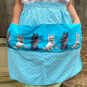 Vintage Cotton Apron in Scottie Dogs Print Turquoise and White Fabric