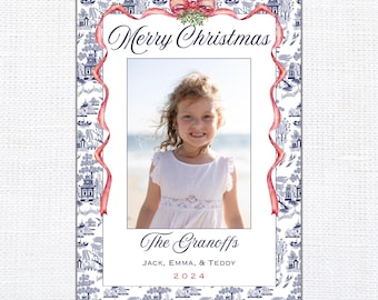 Tarjeta de Navidad imprimible, tarjeta de felicitación, tarjeta de Navidad digital, Navidad chinoiserie, Navidad azul y blanca