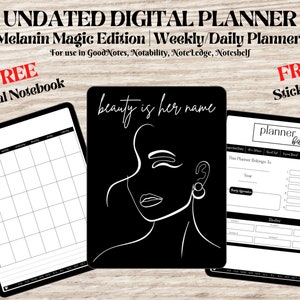 May include: A digital planner with a black and white design featuring a woman's face with the text "beauty is her name". The planner is undated and includes a weekly and daily planner, as well as a monthly calendar. The planner is compatible with GoodNotes, Notability, NoteLedge, and Noteshelf. The planner comes with a free digital notebook and a free sticker set.