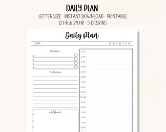 May include: A black and white printable daily planner with sections for priorities, to-do list, and meal planning. The planner includes a space for the date and a column for each day of the week. The planner is designed for 12 or 24 hour time blocks.
