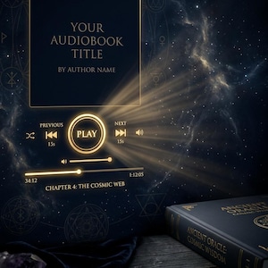 May include: A digital audiobook interface featuring the text YOUR AUDIOBOOK TITLE BY AUTHOR NAME and CHAPTER 4: THE COSMIC WEB, with a play button, playback controls, and progress bar, alongside a physical book titled ANCIENT ORACLE: COSMIC WISDOM.