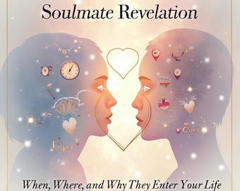 Może przedstawiać: Różowa i niebieska ilustracja dwóch osób, które patrzą na siebie z sercem między nimi. Tekst "Soulmate Revelation" znajduje się w górnej części obrazu. Tekst "When, Where, and Why They Enter Your Life" znajduje się w dolnej części obrazu.