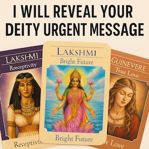 Op de afbeelding: Drie orakelkaarten met afbeeldingen van godheden. De eerste kaart toont Lakshmi, een hindoeïstische godin, met de tekst "LAKSHMI Bright Future". De tweede kaart toont een vrouw met de tekst "GUINEVERE True Love". De derde kaart toont een vrouw met de tekst "LAKSHMI Receptivity".