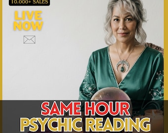 May include: An image featuring a woman with gray hair wearing a green dress and a necklace with a pendant. The image includes text that reads "10,000+ SALES", "LIVE NOW", and "SAME HOUR PSYCHIC READING UP TO 5 QUESTIONS". A crystal ball and candles are also visible.